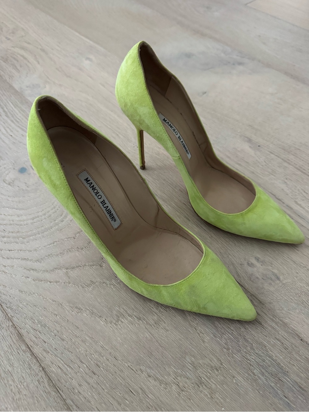 Manolo Blahnik Lime Green Suede Pointed-Toe Stilettos